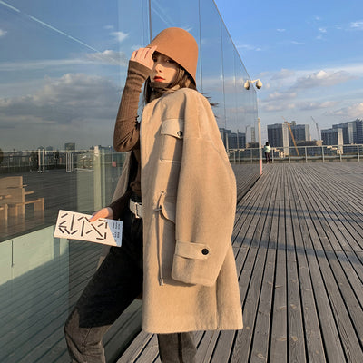 2021 Winter Women&#39;s Imitation  Coat Stylish Mid-Length Loose Outwear Drawstring Waist Large Size Thick Warm Jacket