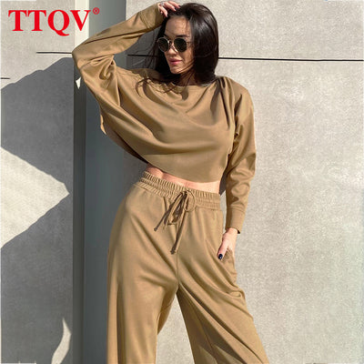 TTQV Fashion Brown Loose Two Piece Sets Womens Outifits Autumn O-neck Full Sleeve Crop Tops And High Waisted Wide Leg Pants Sets