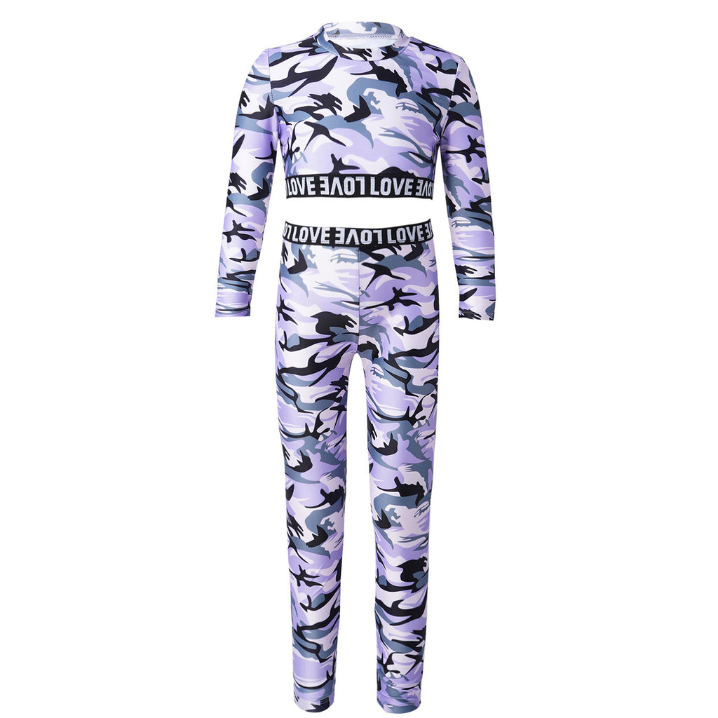 Kids Girls Yoga Suits Sports Outfit Camouflage Sportswear Long Sleeves Running Fitness Cropped Top+Leggings Pants Set Tracksuits