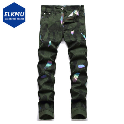 Fashion Digital Printed Jeans Green Slim Streetwear Hip Hop Denim Pants Men Harajuku Casual Jeans Trousers