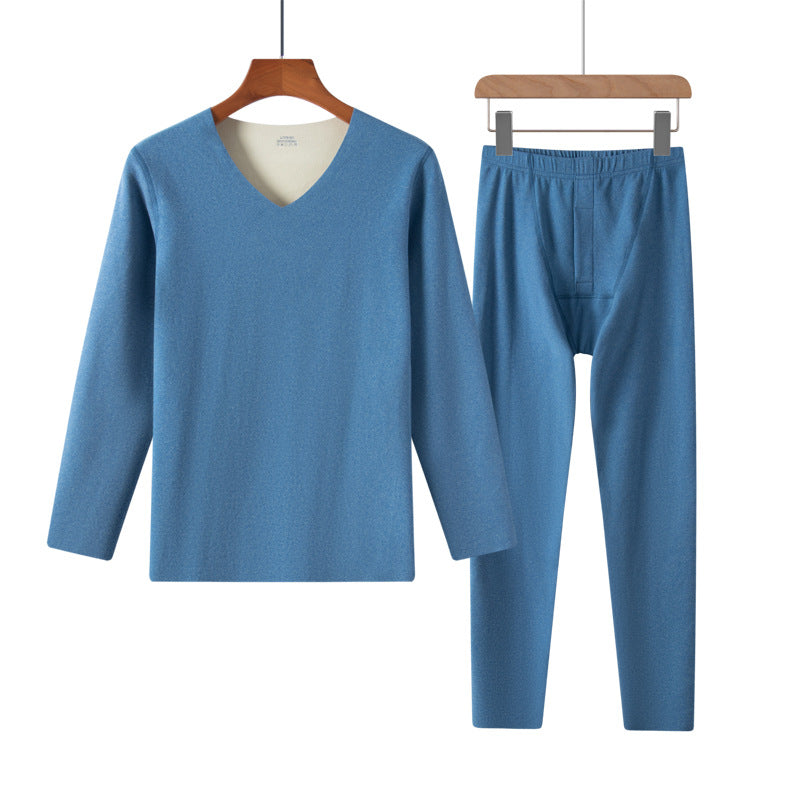 Men&#39;s New Velvet thermal underwear set Long Johns No trace long pajamas set solid color pullover
