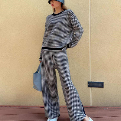 Luxury Designer 2 Piece Set Woman 2021 Spring Autumn Houndstooth Knitted Wool Blended Sweater + Pants Suit Women Sweat Suit Set