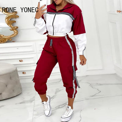 Women Casual Long Sleeves Letter short Jacket top Striped Hem Sporty Patchwork Ankle-Length Pants Sets