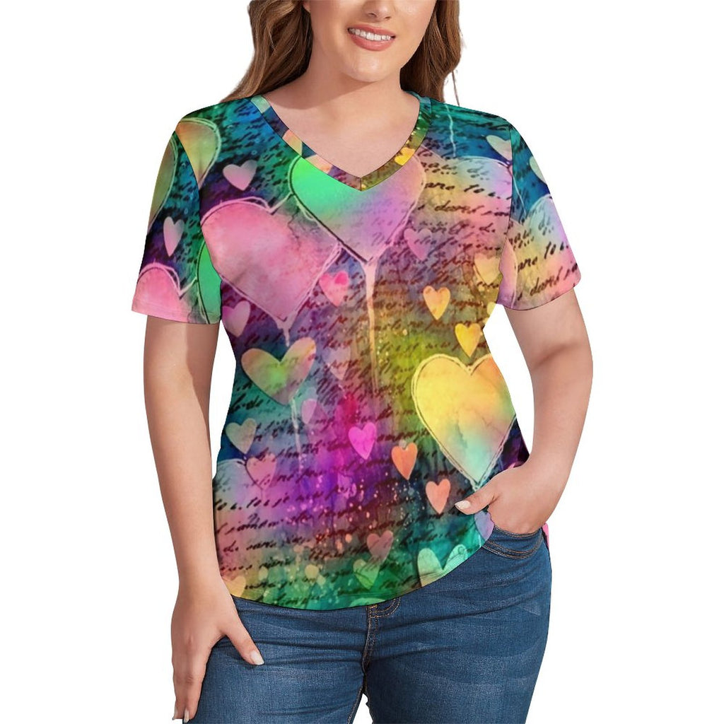 Abstract Letters Print T-Shirt Love Heart Print Vintage T-Shirts V Neck Short Sleeve Tops Women Casual Top Tees Plus Size 4XL