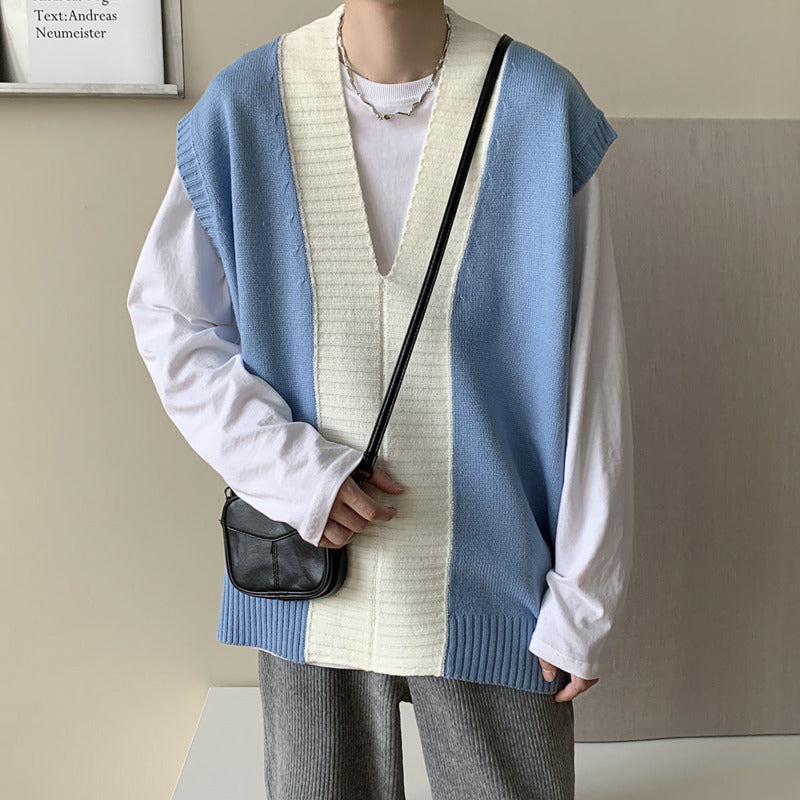 Autumn V-Neck Sweater Vest Men Fashion Casual Oversized Knit Pullover Men Korean Loose Sleeveless Sweater Mens Jumper Vest M-2XL