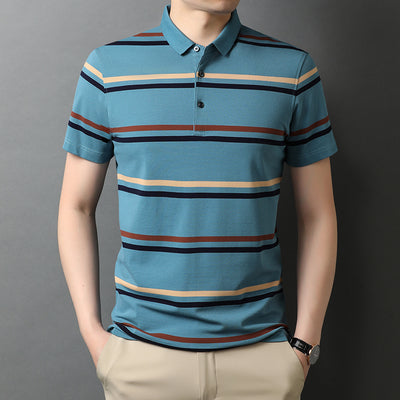 Brand Classic Striped Turn-down Collar Short Sleeve T-Shirts Summer New Streetwear Tops Casual Cotton T Shirt Homme Size M-XXXL