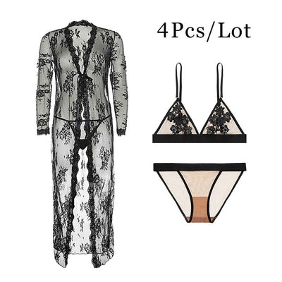 Ningsige Sexy Embroidery Wire Free Thin Cup Bra Set Robe+bras+thongs 3pcs S-XL for Women