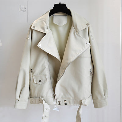 LY VAREY LIN New Spring Autumn Moto Bike PU Jacket Women BF Style Loose Black Faux Leather Jacket Lady Fashion Coat with Belt