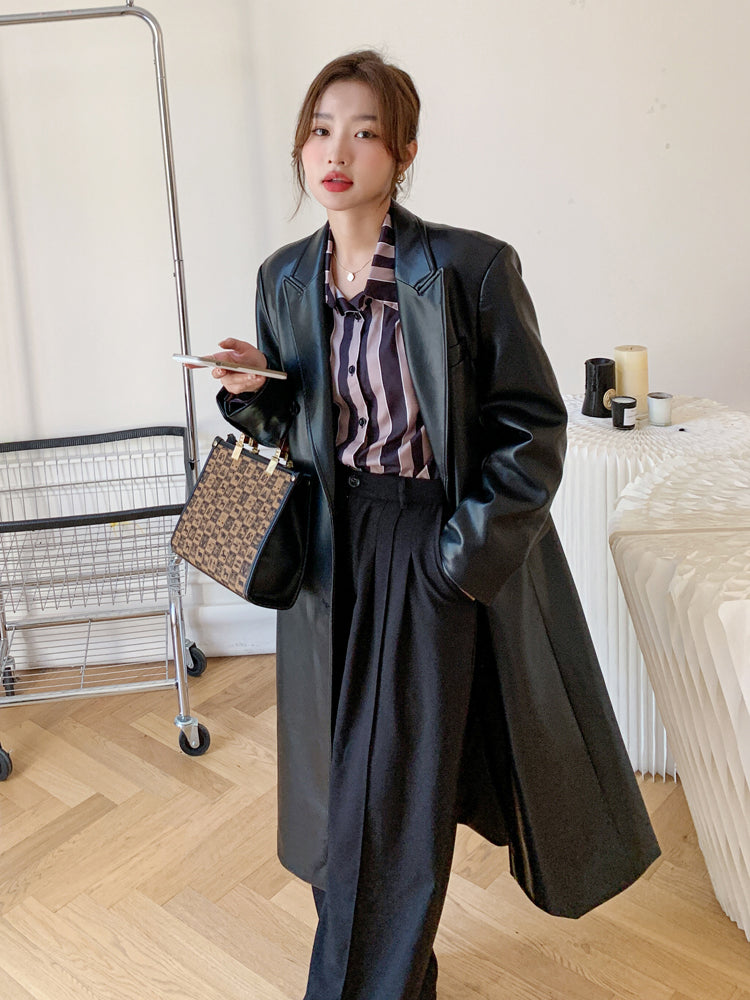 Fashion England Style Solid Black Double-Breasted Long PU Leather Blazer Women Trench Coat Autumn Winter Thick Warm