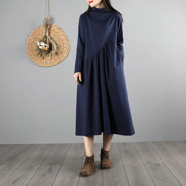 2021 Women Vintage Chinese Style Dress Lady Elegant Long Dresses Female Solid Color Loose Casual Retro Robe Vintage Femme 11856