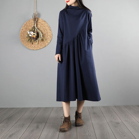 2021 Women Vintage Chinese Style Dress Lady Elegant Long Dresses Female Solid Color Loose Casual Retro Robe Vintage Femme 11856