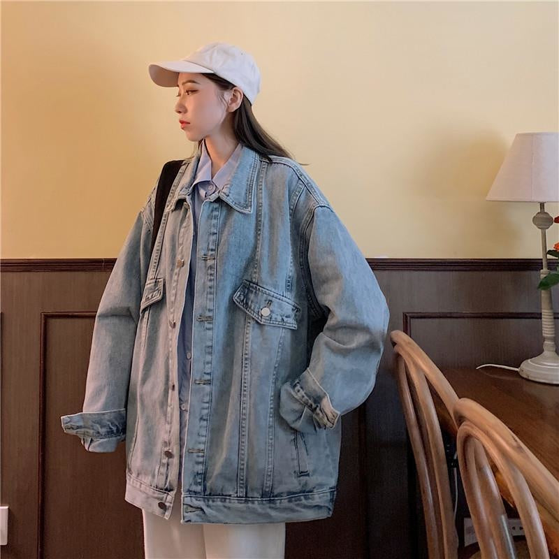 Jacket Jeans Women Denim Coat Korean Style Designer Single Breasted Solid Pockets Fashion Turn-down Loose Casual Denim Women