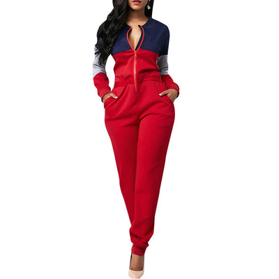 AHVIT Contrast Color Patchwork Casual Jumpsuits Front Zip Stand Collar Long Sleeve Fashion Women Pockets Romper MZ-F8170