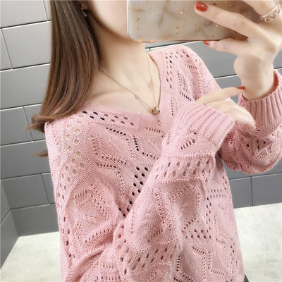 Spring Autumn Solid Hollow Out Jumper Women V-neck Elegant Fashion All-match Pullover Korean Style Sweet Sweater Female Clothes