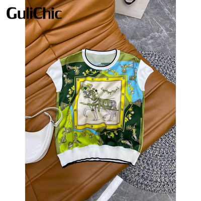 6.5 HIGH END QUALITY Fashion Comfortable Patchwork Knitted Print Silk Loose T-Shirt Women