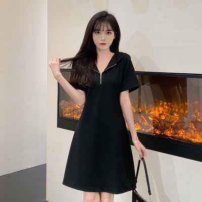 2022 Summer New Plus Size Women's Temperament Slim Short-Sleeved Hooded Dress All-Match Fashion Thin Trend Skirt