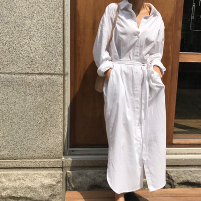 2022 2022 New Spring Fashion Tide White Turn-down Collar Long Sleeve Single Breasted Pockets Sashes Woman Dress SA991
