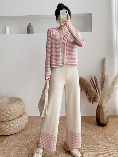 JXMYY European Station Fashion New Elegant Temperament Sweater Knitted Wide-Leg Pants Casual Sweet V-Neck Two-Piece Set