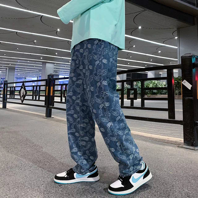 2022 Spring New Korean Fashion Wide Leg Jean Y2k Printing Denim Pants Male Brand Clothes Plaid Blue Baggy Jeans
