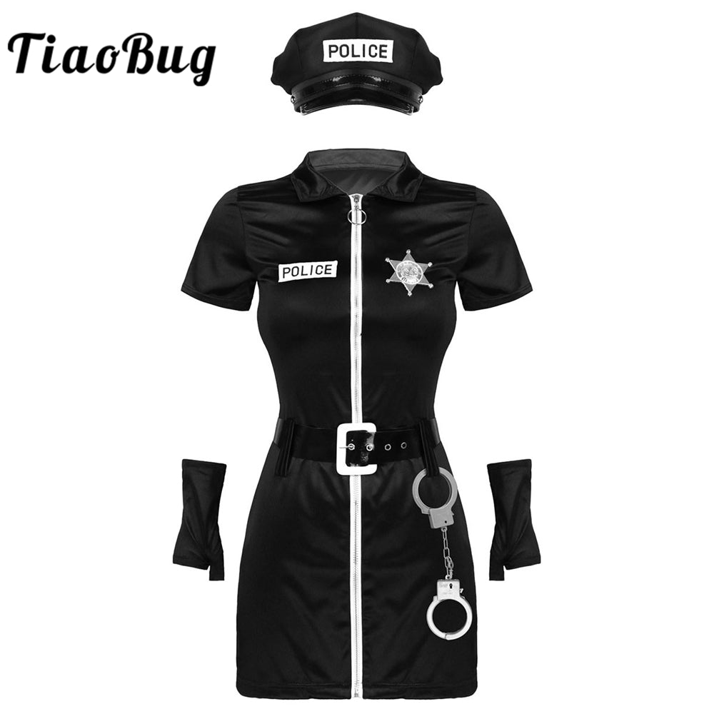 Women Halloween  Officer Cosplay Sexy Costume Roleplay Cop Uniform Bodycon Mini Dress with Hat Badge Belt Gloves and Cuffs