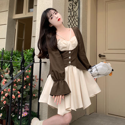 Hot Girl Style Waist Closing Thin Bubble Sleeve Suspender Skirt Lolita  Sleeve Dress Patchwork Korean Fashion Dress