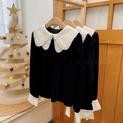 Vintage Lace Patchwork Blouse Women Black Velvet Long Sleeve Shirt 2022 Spring Autumn Casual Loose Tops Blusas Chemisier Femme