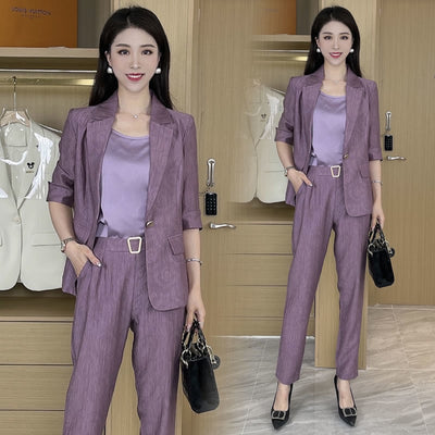 2022 Autumn Women's Purple Simple Blazer Work Office Ladies Suit Blazer Coat Fashionable Professional Suit Three-piece Suit E144
