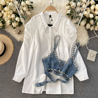 Patchwork Diamond Pearl Set For Women Lapel Long Sleeve Shirt Short Denim Vest Chic Two Piece Sets Female Fashion