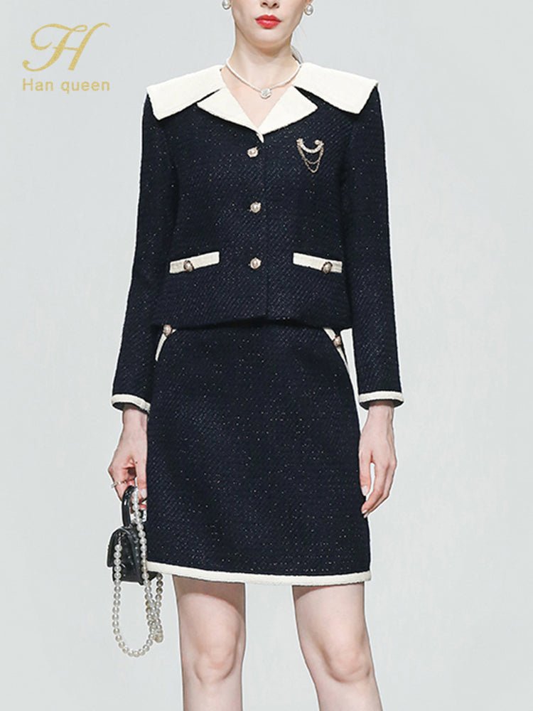 H Han Queen Women 2022 Autumn Winter Casual Duffel 2 Pieces Set Contrast Tops + High Waist Pencil Skirt Korean Simple Skirt Suit