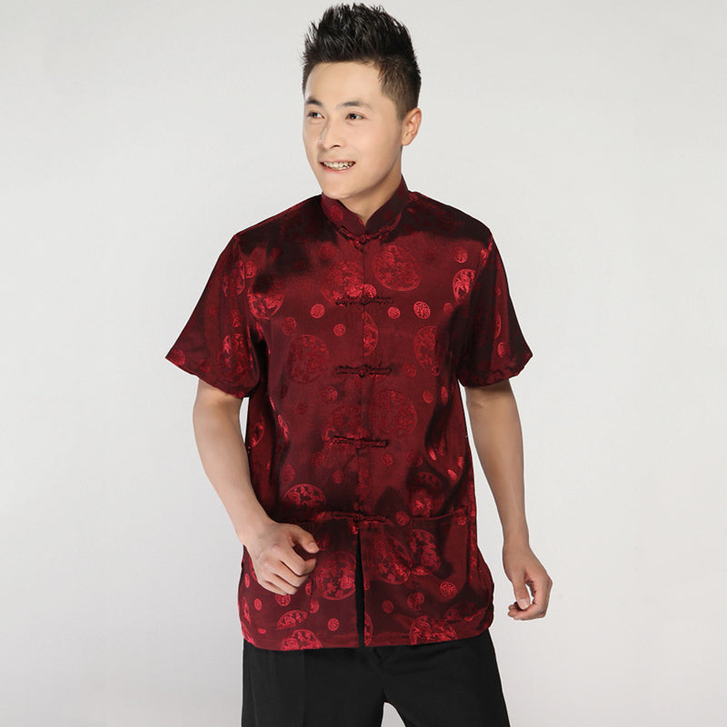 4Color Chinese Traditional Men Top Adult New Year Tang Suit Short Sleeve Satin S-3Xl 2022 Mens Performance Fashion Work Clothes