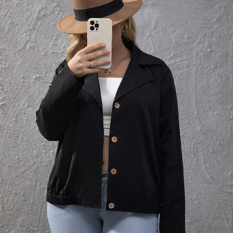 Black Plus Size Women&#39;s Jacket Lapel Button Cardigan Coat With Pockets Solid 2022 New Color Long Sleeve Jacket Coat Wholesale