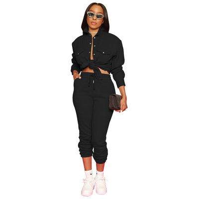 5Sets Bulk Items Wholesale Women Pants Sets Button Shirt Jackets + Drawstring Trousers Two Piece Sets Autumn Stretch Outfit 8374
