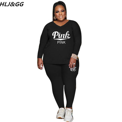 HLJ&amp;GG Plus Size Women PINK Letter Print Two Piece Sets Casual Long Sleeve Top + Skinny Pants Tracksuits Casual Matching Outfits