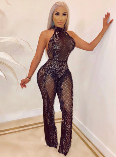 AHVIT Mesh Patchwork See Through Party Romper O Neck Off The Shoulder Backless Glitter Sequins Sleeveless Sexy Jumpsuits CY8054