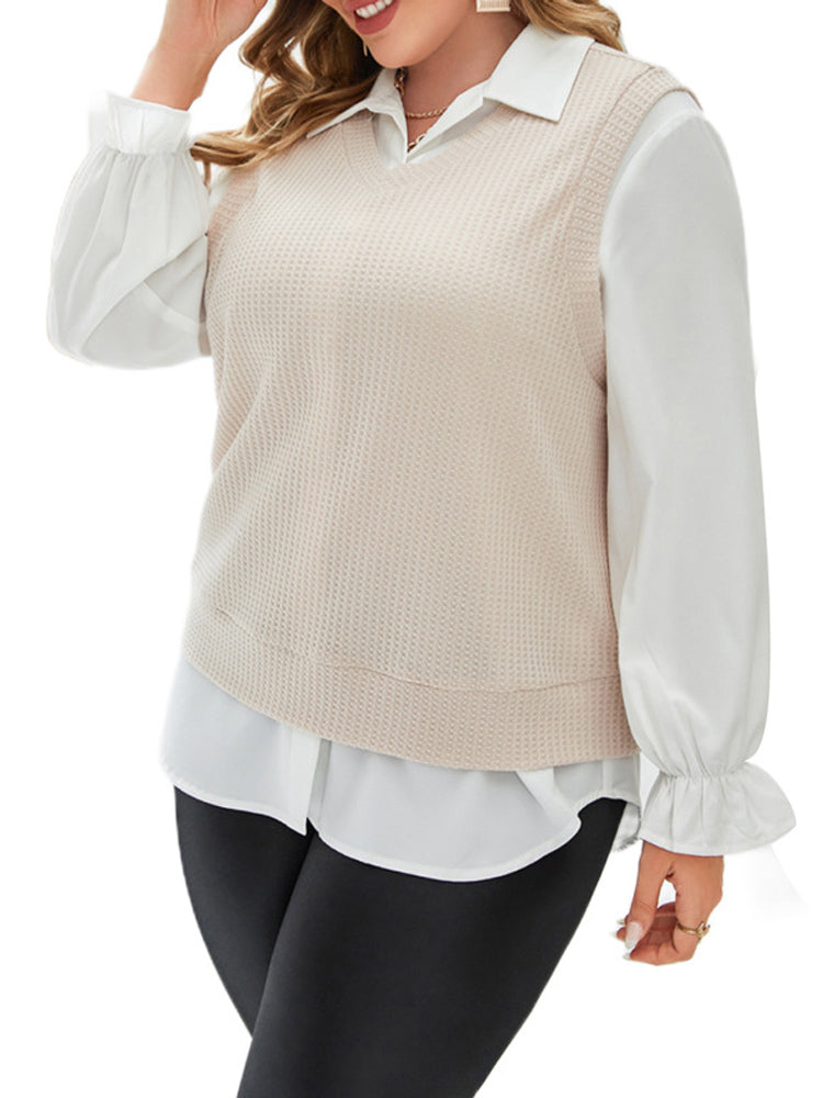 White Plus Size Tops for Women 2022 Autumn Winter Women Turn Down Collar Long Sleeve Patchwork Elegant Blouse Shirt