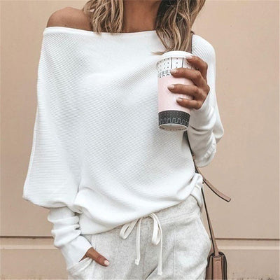 Women Sexy Off-the-Shoulder Raglan Sleeves Word-Neck Tops 2022 Autumn And Winter New Solid Color Loose Long-Sleeved Ladies Tops