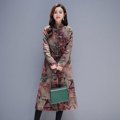 2021 Autumn Winter Women Parkas Chinese Style Cheongsam Long Coat Female Jacket Plus Size Thick Warm Cotton Coat Outerwear 11708