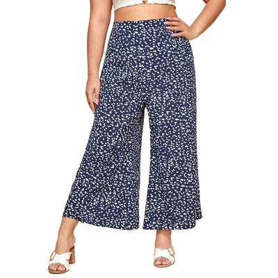 Plus Size WomenFresh And Elegant Wide Leg Pants And Nine Part Floral Flared Wide Legs Loose Casual Cropped Trousers XL-4XL