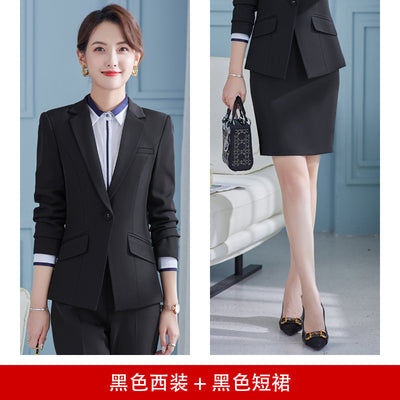 Long Sleeve Autumn and Winter One Button Women's plus Size Pure Blue Suit Skirt Suit Skirt Suit Two-Piece Suit Work Uniforms