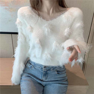 2022 V-neck Mink Fake Fur Mohair Sweater Women's Thickened Pullover Base Winter Loose Oversized PullMohair