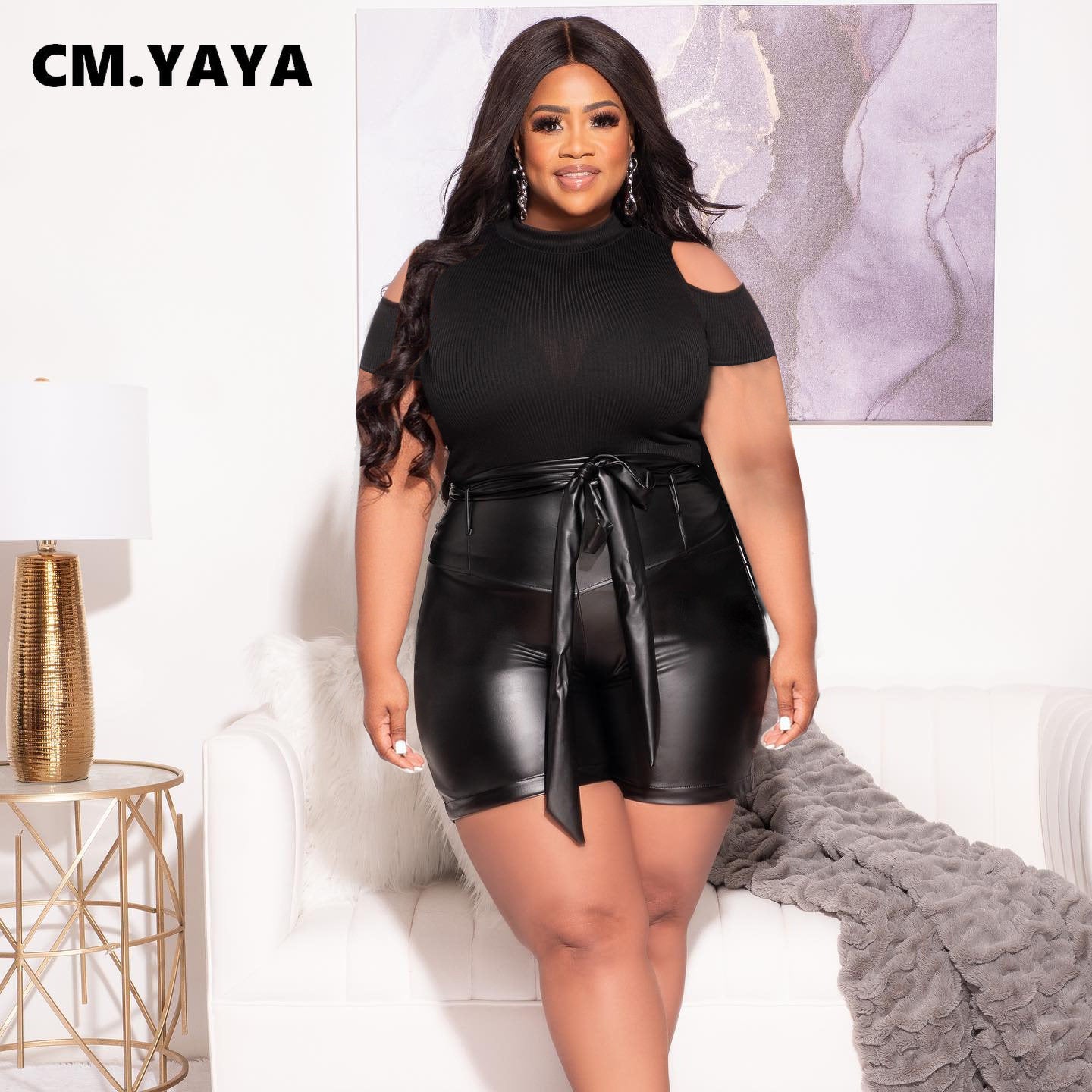 CM.YAYA Active Plus Size Women Two 2 Piece Set Outfits 2022 Summer T-shirt and Leather Shorts Matching Set Sashes Tracksuit