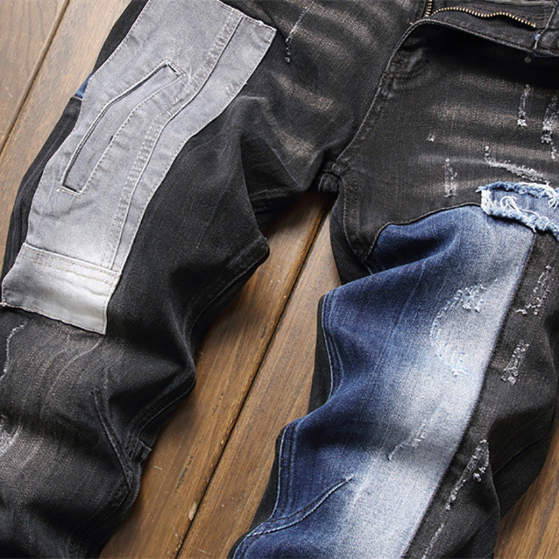 Men&#39;s Patchwork Ripped Denim Jeans Mid Waist Slim Black Stretch Pants Trendy Patch Design Spliced Trousers