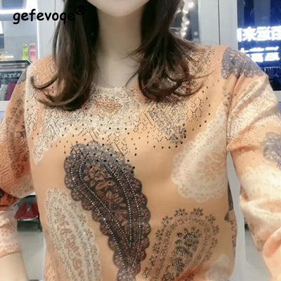 Autumn Winter O Neck Printing Diamonds Sweater Ladies Loose Casual Pullover Knitting Top Women Fashion Trend All-match Jumpers