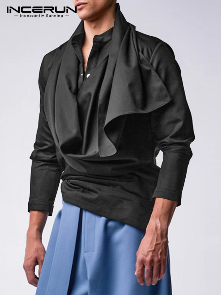 INCERUN Tops 2022 American Style Men Blouse Casual Streetwear All-match Stand-up Collar Irregular Shawl Long-sleeved Shirt S-5XL