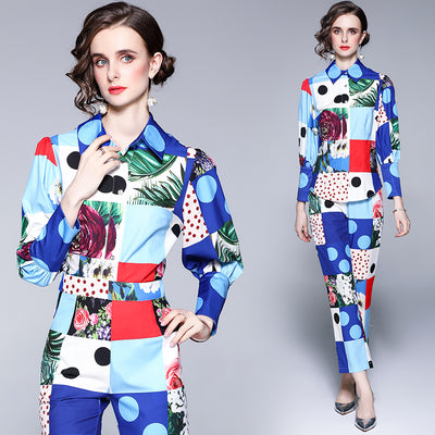 Autumn Fashion Plaid Floral Blue Holiday Women Polka Dot Print Shirt Blouse Tops + Pocket Ankle Length Long Pants Two Pieces Set