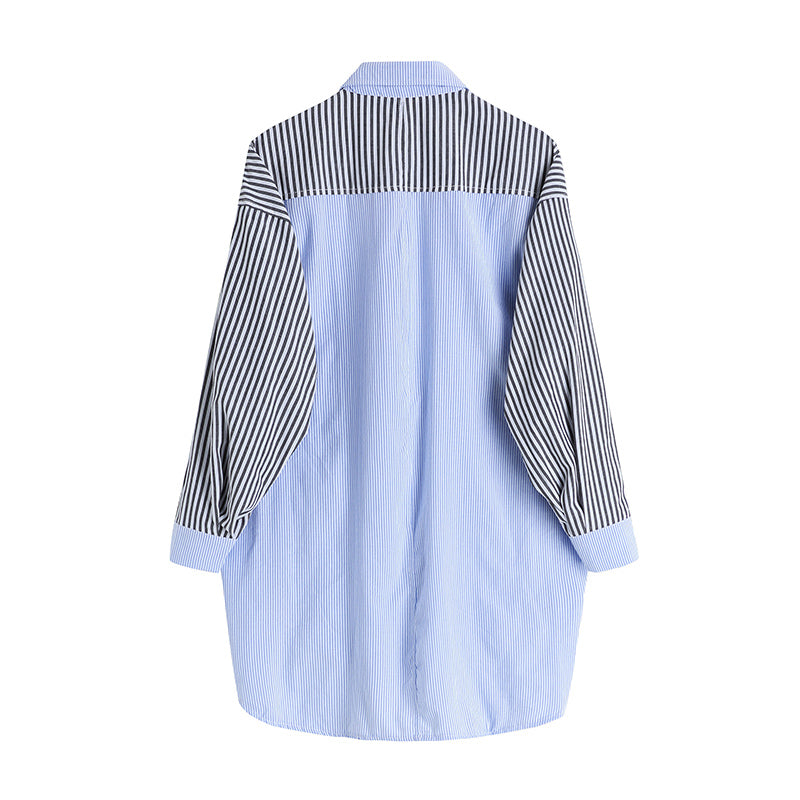 Striped Stitching Blue Shirt Women&#39;s Long-sleeved Top Spring New Design Loose Casual Mid Length Thin Cardigan Coat Female Blouse