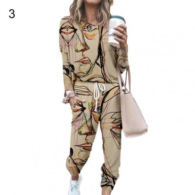 Abstract Pattern Print Women 2 Pieces Sets Casual O Neck Tops And Loose Pant Tracksuit Sets 2021 Autumn Women Style Streetwears