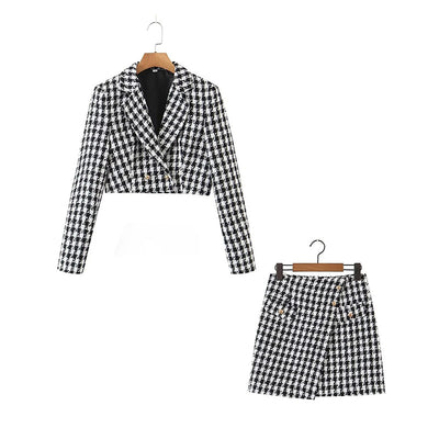 Women Two Piece Skirt Sets Casual Plaid Plaid Blazer Skirt Sets Short Jacket Mini Skirt Outfit For Autumn Office