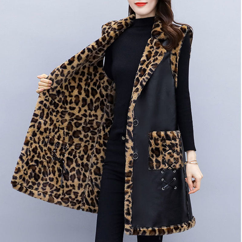 Plus Size Women&#39;s 2021 Autumn Winter Vest Female Leopard Print Plus Velvet Thickening Sleeveless Coat Femme Sleeveless Jacket D