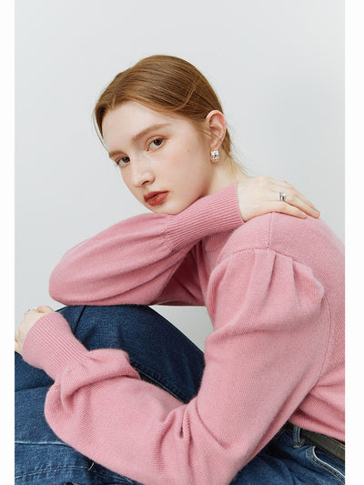FSLE Women Pink Puff Sleeve Round Neck Sweaters 2022 Winter Office Lady Loose Casual Warm Pullovers 28.5% Women Wool Tops